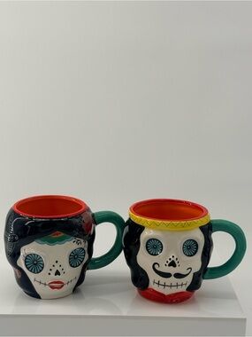 Day of the Dead Ceramic Skull Mugs — Green & Black, Set of 2